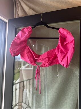 House of CB Hot Pink Puff-Sleeve Tie-Front Crop Top